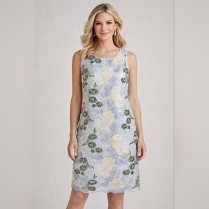 Nina Leonard Floral Embroidered Sheath Dress Blue Green Women Elegant 1X.
